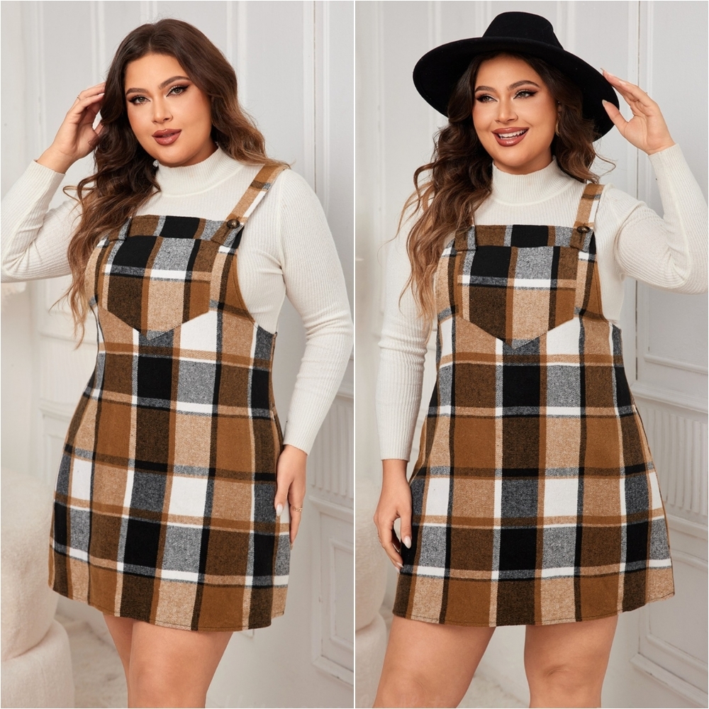 Stella Plaid Suspender Dress - Caramel